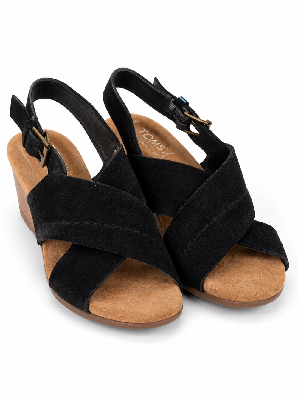 TOMS Black Suede Platform Block Heel Sandals - Slingback Heels. Size: US 7.5